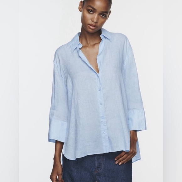 ZARA Asymmetrical hem linen shirt (blue) - Picture 2 of 4